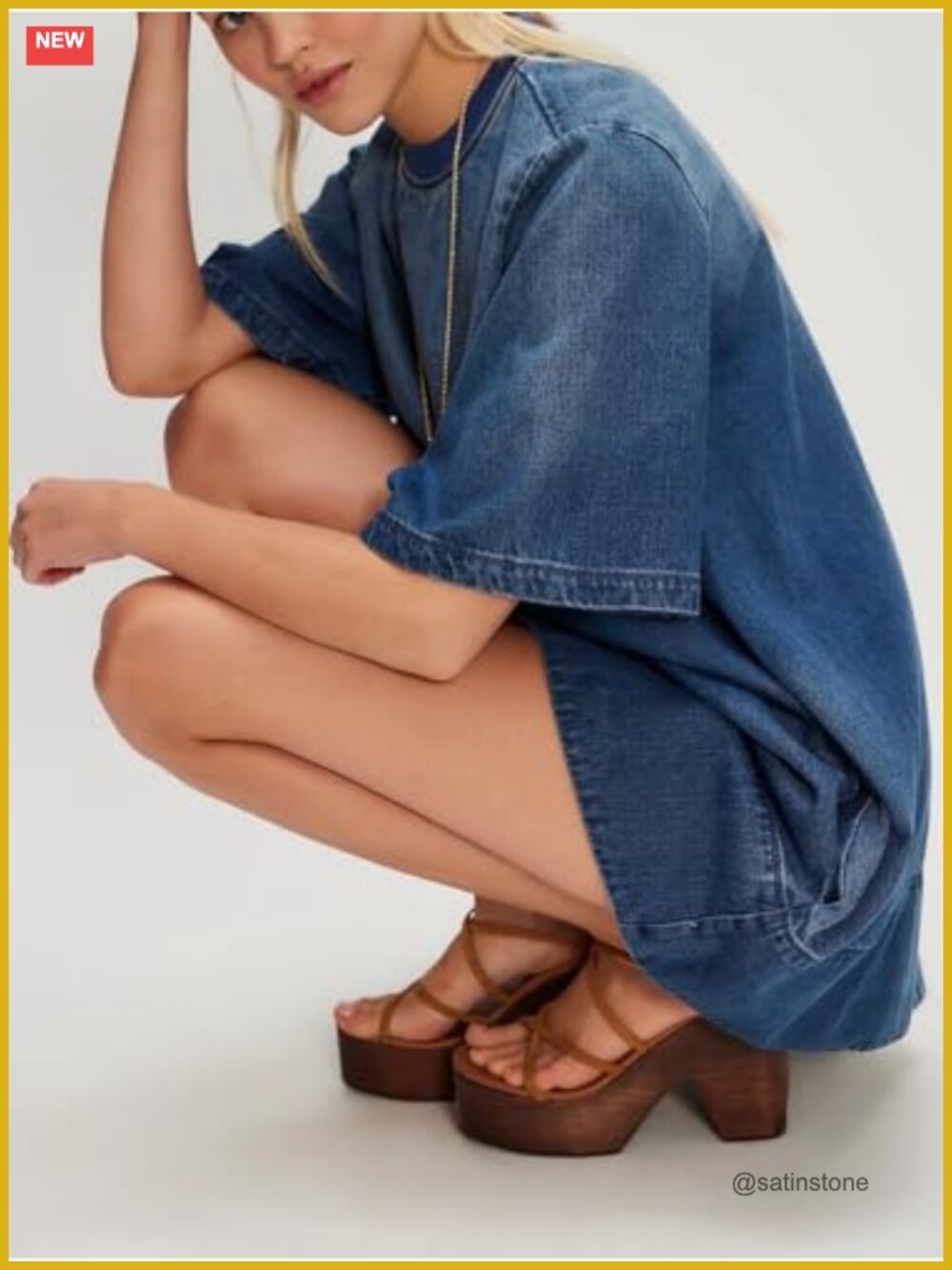 Short Sleeve Denim Dress Crew Neck Loose Fit Jean Mini Dress with Pockets - Picture 3 of 4